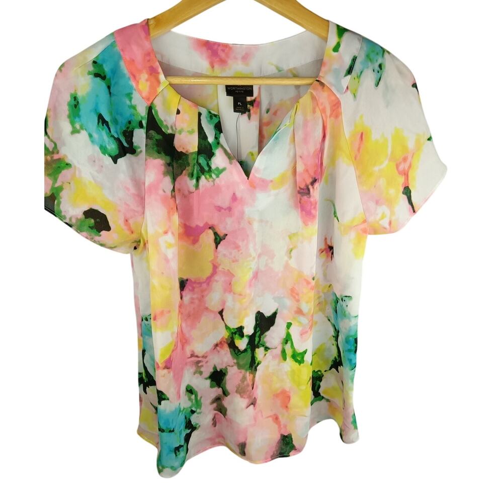 Worthington Multicolor Watercolor Floral Short Sleeve Blouse